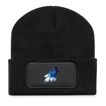 Heulender Wolf – Wasserfarben Sternenhimmel Wald - Recycelte Patch Beanie - Schwarz - Vorne