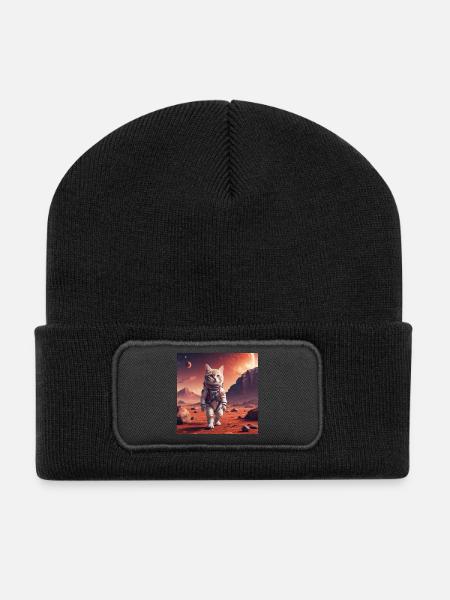 Katzenastronaut auf Mars - Recycelte Patch Beanie - Schwarz