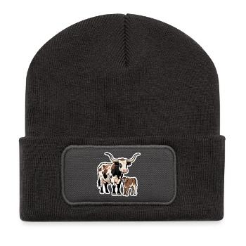 Longhorn avec veau – Design de style western - Beanie recyclé à patch - charbon - Devant
