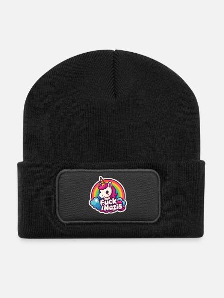 Unicorn Against Nazis Rainbow Unicorn - Recycled Patch Beanie - black