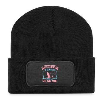 Ehefrau eines Fischers, aber auch der Fang seines Lebens - Recycelte Patch Beanie - Schwarz - Vorne