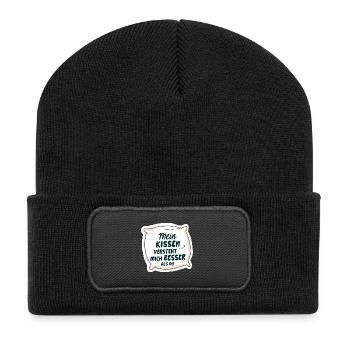 Mein Kissen versteht mich besser als du 💤 - Recycelte Patch Beanie - Schwarz - Vorne