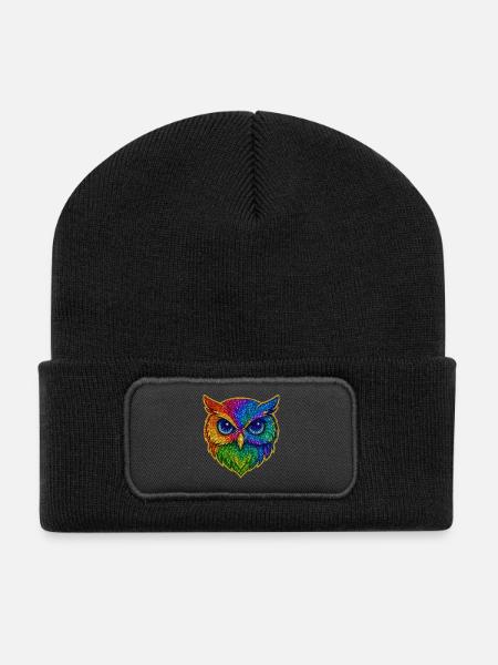 Eule | Waldkauz | Regenbogen Eulenzauber - Recycelte Patch Beanie - Schwarz