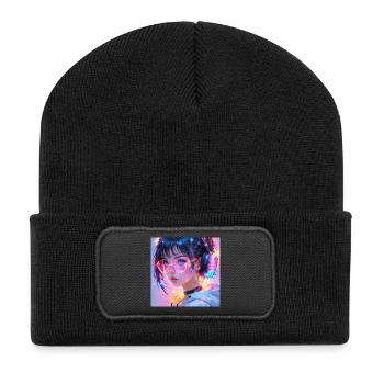Neon Anime Girl Tokyo Nights Pink Lila Vaporwave - Recycelte Patch Beanie - Schwarz - Vorne