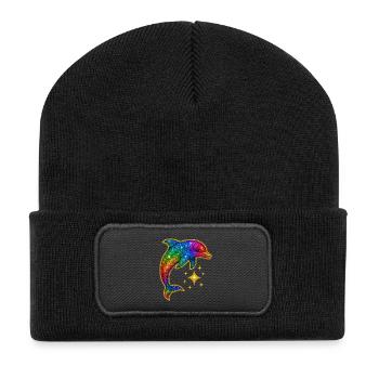 Regenbogenleuchtender Delfin der Sterne - Recycelte Patch Beanie - Schwarz - Vorne
