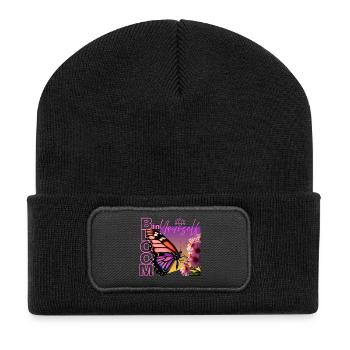 Schmetterling mit Spruch - Bloom in yourself - Recycelte Patch Beanie - Schwarz - Vorne