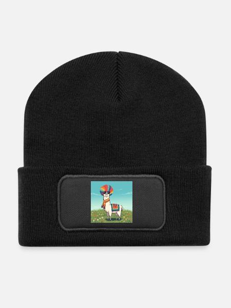 Funky Regenbogen Lama - Recycelte Patch Beanie - Schwarz