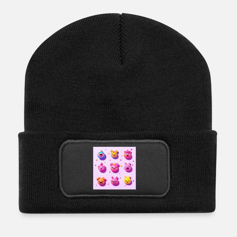Happy Kawaii Tiergesichter auf Lila Hintergrund - Recycelte Patch Beanie - Schwarz