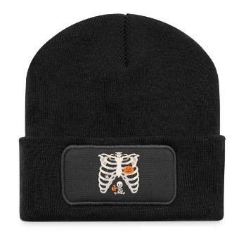 Halloween Schwangerschaft Kürbis Skelett Lustig - Recycelte Patch Beanie - Schwarz - Vorne
