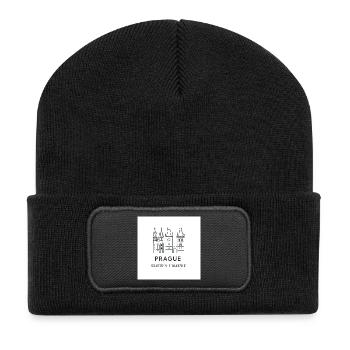 Prag Linienkunst Silhouette Wahrzeichen - Recycelte Patch Beanie - Schwarz - Vorne