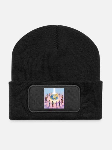 Erde umringt von Gemeinschaft - Recycelte Patch Beanie - Schwarz