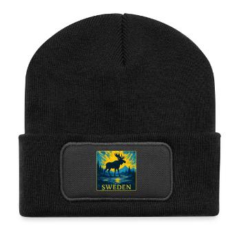 Schweden Elch Silhouette Design - Recycelte Patch Beanie - Schwarz - Vorne