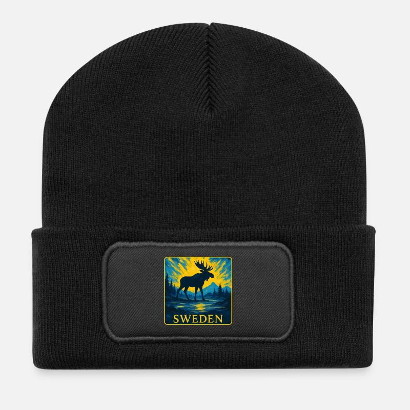 Sweden Moose Silhouette Design - Recycled Patch Beanie - black