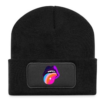 Kosmischer Regenbogen Zungenlippen - Recycelte Patch Beanie - Schwarz - Vorne