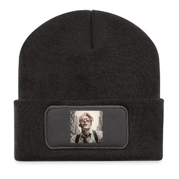 Portrait de style urbain Lunettes roses - Beanie recyclé à patch - charbon - Devant