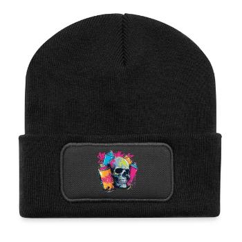 Skull & Graffiti | Buntes Street Art Design - Recycelte Patch Beanie - Schwarz - Vorne
