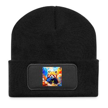 Roter-Panda-Blaue Blume - Recycelte Patch Beanie - Schwarz - Vorne
