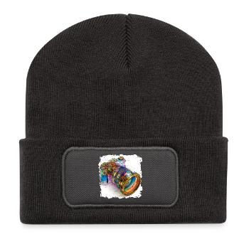 Digitalkamera als CAD-Design Blaupause - Recycelte Patch Beanie - Dunkelgrau - Vorne