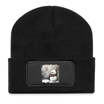 Winterlicher Schneemann mit Schal - Recycelte Patch Beanie - Schwarz - Vorne