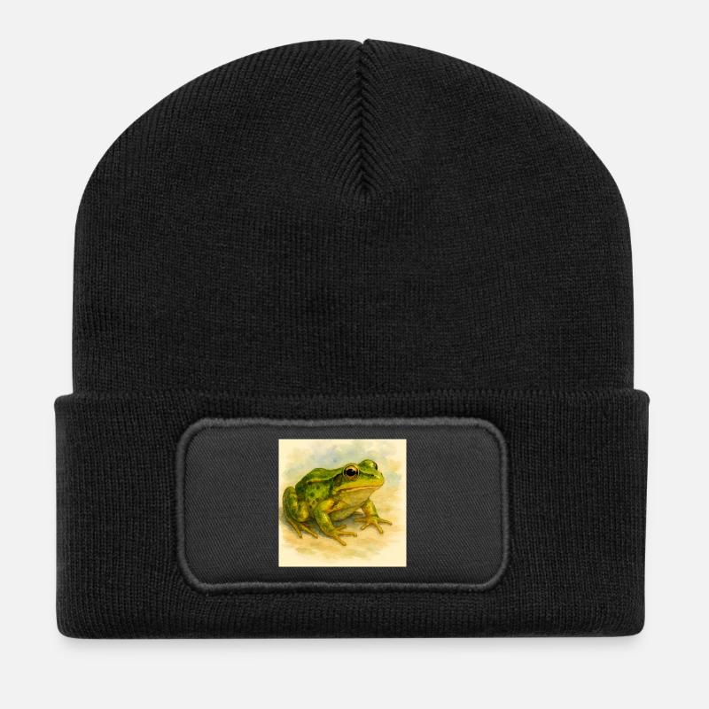 Aquarell Grüner Frosch - Recycelte Patch Beanie - Schwarz