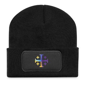 Kairos Kreuz (Jerusalemkreuz) – Violett & Gelb - Recycelte Patch Beanie - Schwarz - Vorne