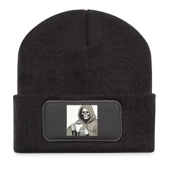Sensenmann Skelett Becher mit Kapuze - Recycelte Patch Beanie - Dunkelgrau - Vorne