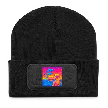 Portrait néon du coucher de dauphin - Beanie recyclé à patch - noir - Devant