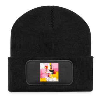 Abstrakte Farbblöcke Pink Gelb - Recycelte Patch Beanie - Schwarz - Vorne
