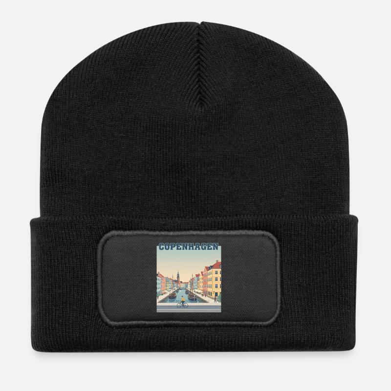 Kopenhagener Kanallandschaft Pastellhafen - Recycelte Patch Beanie - Schwarz