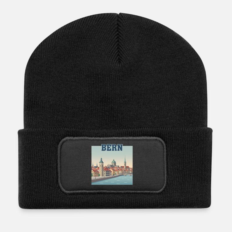 Bern Riverside Cityscape - Recycled Patch Beanie - black
