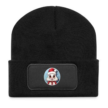 Kawaii Weihnachtshase mit Santa-Hut - Recycelte Patch Beanie - Schwarz - Vorne