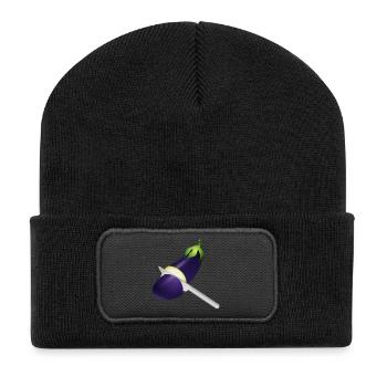 Leuchtende Aubergine mit Küchenmesser - Recycelte Patch Beanie - Schwarz - Vorne