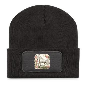 Pferd Vintage Blumen - Recycelte Patch Beanie - Dunkelgrau - Vorne