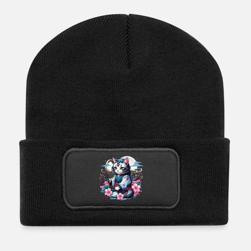 Chat Ninja Kawaii japonais - Beanie recyclé à patch - noir