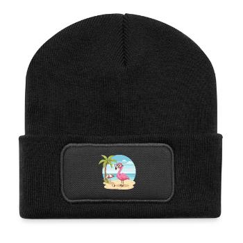 Cute Flamingo with Glasses Beach Summer Vacation - Recycled Patch Beanie - black - Front