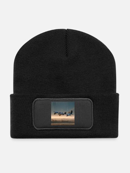 Graue Kraniche Morgennebel Zugvögel Golden Light - Recycelte Patch Beanie - Schwarz