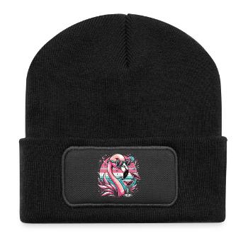 Retro flamingo with cocktail and sunglasses - Recycled Patch Beanie - black - Front
