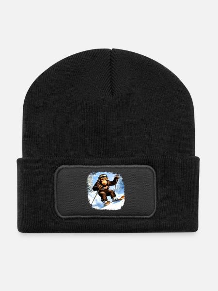 Affen Ski / Skifahrer Affe - Recycelte Patch Beanie - Schwarz