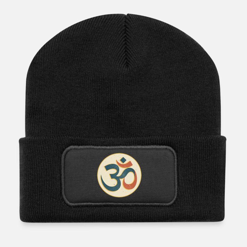 Om Symbol Vintage Kreis Print - Recycelte Patch Beanie - Schwarz