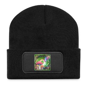 Psychedelische Pilze und Schmetterling Neonwald - Recycelte Patch Beanie - Schwarz - Vorne