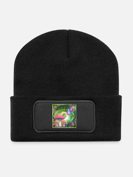 Psychedelische Pilze und Schmetterling Neonwald - Recycelte Patch Beanie - Schwarz