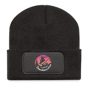 Snowboarder Silhouette über Berg Sonnenuntergang - Recycelte Patch Beanie - Dunkelgrau - Vorne