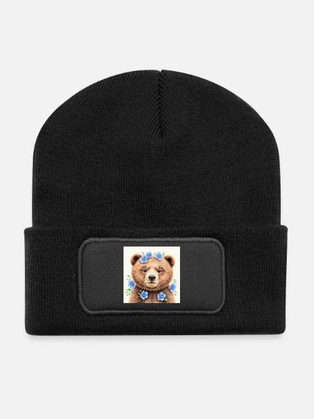 Blue Flower Bear Vorlagen - Recycelte Patch Beanie - Schwarz