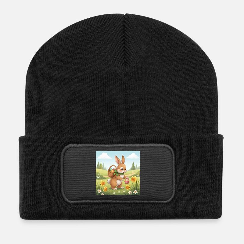 Osterhase mit Korb und Eiern - Recycelte Patch Beanie - Schwarz