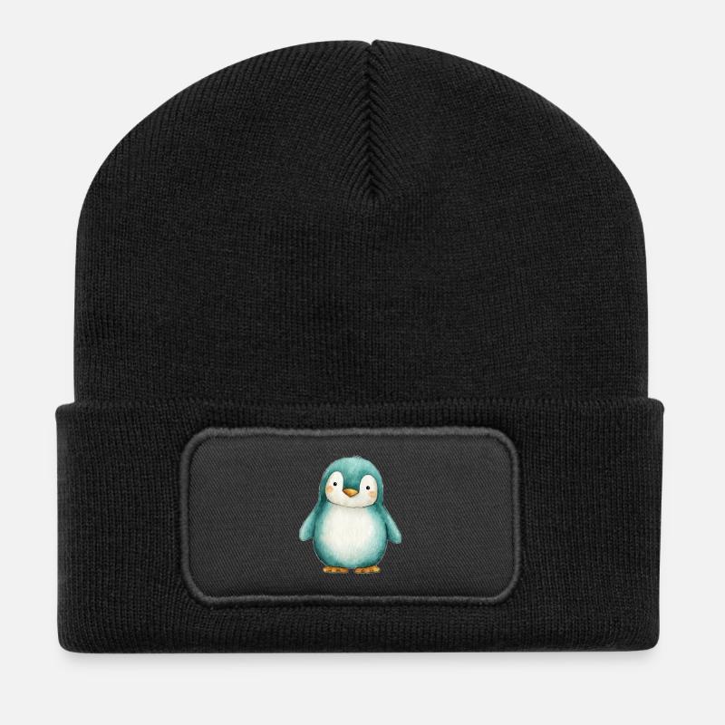 Frosted Penguin – Winterkinderillustration - Recycelte Patch Beanie - Schwarz