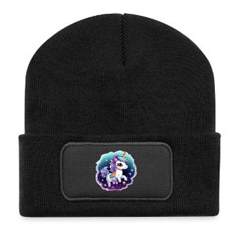 Kosmisches Einhorn mit Schal - Recycelte Patch Beanie - Schwarz - Vorne