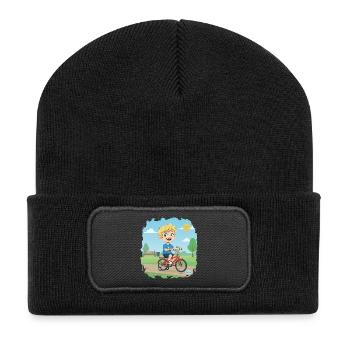 Bouno rides a bike - Little adventurer on the road - Recycled Patch Beanie - black - Front