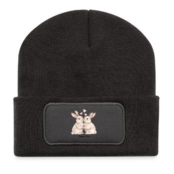Forever Love – Süße Kaninchen zum Valentinstag - Recycelte Patch Beanie - Dunkelgrau - Vorne
