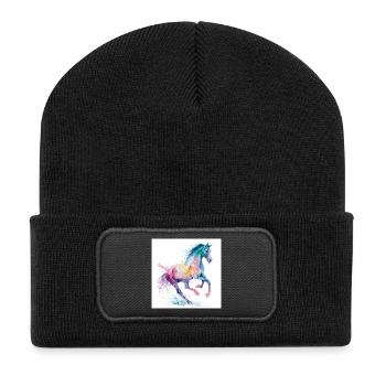 Regenbogen-Aquarellpferd - Recycelte Patch Beanie - Schwarz - Vorne