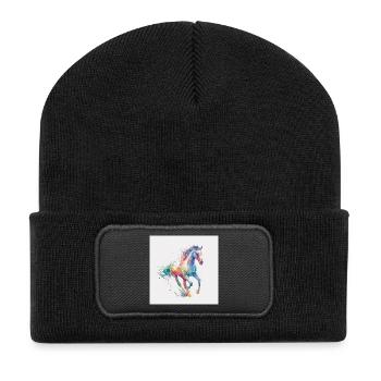 Regenbogenpferd Aquarell-Burst - Recycelte Patch Beanie - Schwarz - Vorne